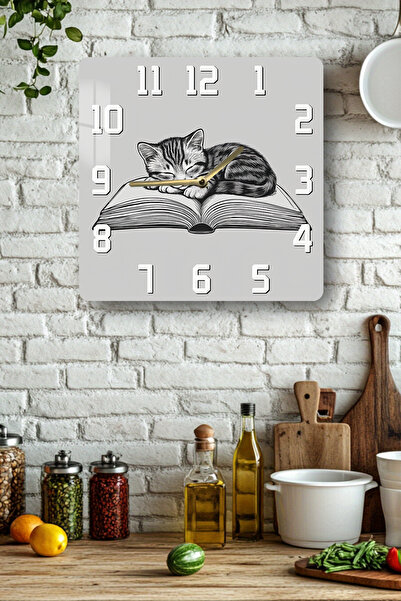 kutuTR Cat Sleeping on Book Pattern Tempered Glass Square Clock 33X33 cm Size Uv Printing - Kcs076