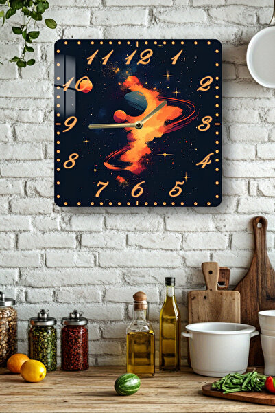 kutuTR Space and Planet Themed Tempered Glass Square Clock 33X33 cm Size Uv Printing - Kcs086