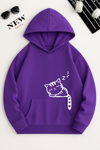 New Shine سويت شيرت بقلنسوة مطبوع عليه قطة نائمة