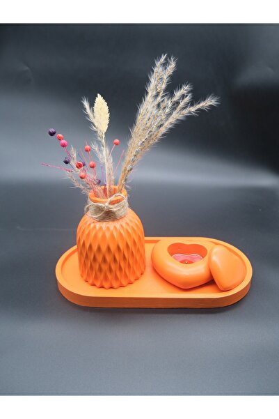 ATEŞLER HEDİYELİK Διακοσμητικό βάζο σε πορτοκαλί χρώμα, σετ κηροπήγιο και δίσκος