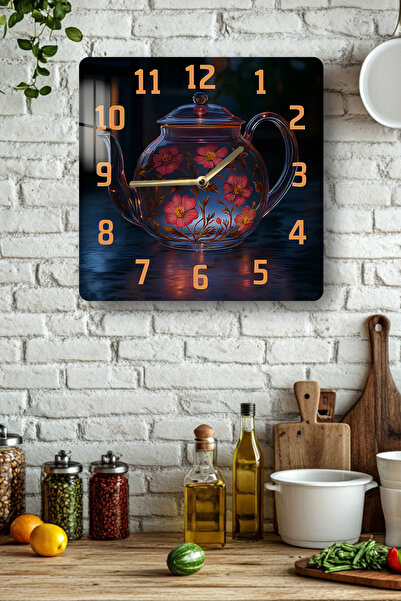 kutuTR Flower Pattern Glass Teapot Themed Tempered Glass Square Clock 33X33 cm Size Uv Printing - Kcs075