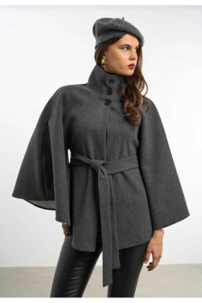 Zeynep Öykü Style Women's Anthracite Stand Collar Belt Detailed Design Cashmere Poncho