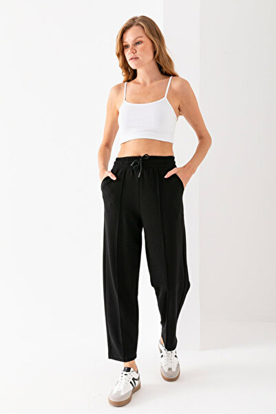 AsHK Kadın Siyah Yüksek Bel Cepli Modal Kumaş Önü Nervürlü Balon Kalıp Pantolon