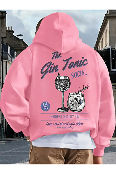 AEMİ Hanorac oversize unisex cu glugă, imprimat Gin Tonic, 100% bumbac