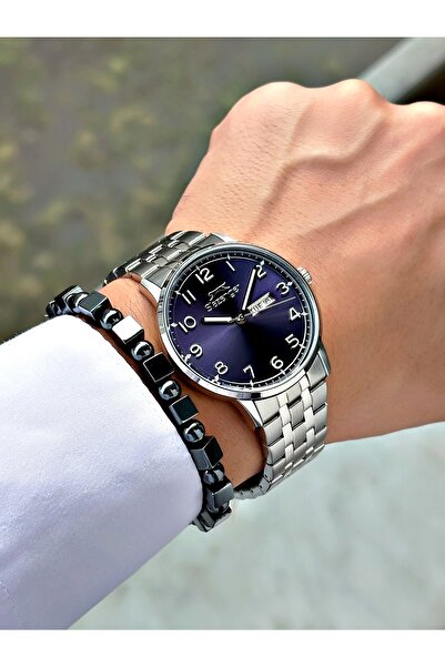 Slazenger Numeric Silver-Navy Blue Color 10 Atm Water Resistance Steel Case Men's Wristwatch 2560.07Mr