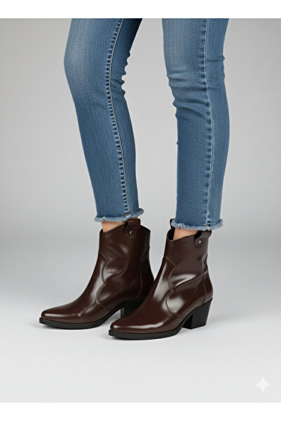 leopar by çetinay 503 Eleganza Luxe Boot | Kadın Kahverengi Deri Orta Topuklu Western Kovboy Bot