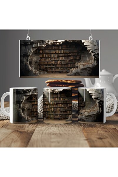 Beramussa كوب كتب قديمة بتأثير ثلاثي الأبعاد - مظهر مكتبة بإضاءة خافتة - بدون...