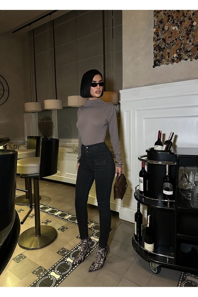 Diviny Kadın Siyah Yüksek Bel Likralı Fleto Cep Detay Skinny Dar Paça Jean