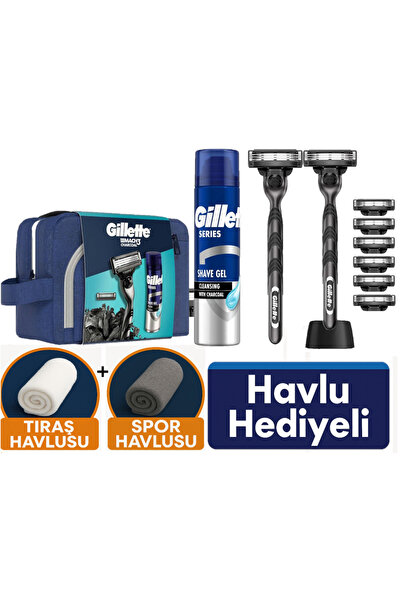 Gillette Mach3 Charcoal 2 Makine+ 8 Tıraş Bıçağı + Stand +200 ML Jel +Çanta +Havlu Seti Hediye