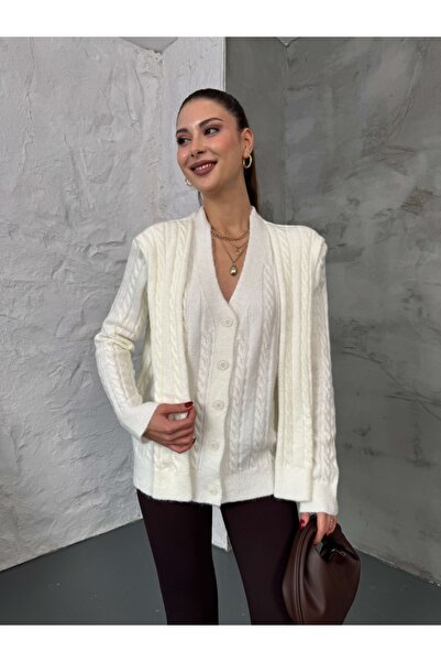 Elif Özbey Butik White Massi Model Shawl Detailed Knitted Cardigan
