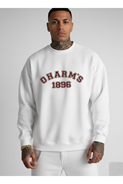 LORVEX سويت شيرت أبيض للجنسين من القطن كبير الحجم من طبعة Oharm's 1896