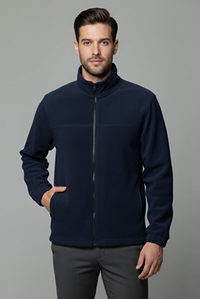 DEMOTEKS Men's Navy Blue Fleece Jacket with Zip - Durable, Insulated & Fitted for Outdoor Comfort