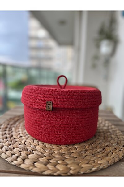 NCDSGN Çok Amaçlı El Yapımı Pamuklu Kapaklı Kırmızı Sepet,Organizer,Dekoratif...