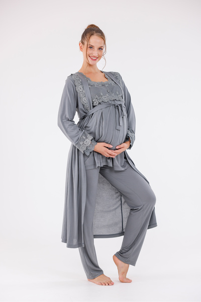 Yulem Homewear Smoked Special Lace Design Cotton Long Sleeve Maternity Pajamas Set and Nightgown 4-Piece Set