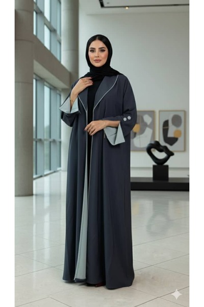 REİNA Cool crepe abaya with gray blazer and elegant pleats with a scarf
