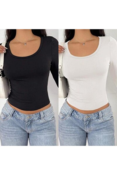 ÖZ PAMUK 2 Pcs Square Neck Basic Solid Fabric Long Sleeve Lycra Blouse