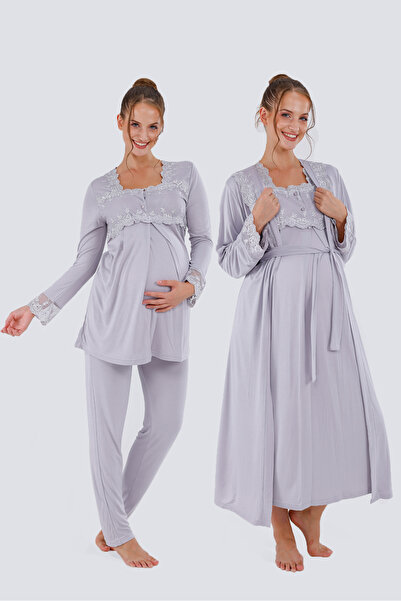 Yulem Homewear Gray Special Lace Design Cotton Long Sleeve Maternity Pajamas Set and Nightgown 4-Piece Set