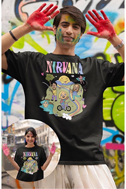Fuddy Moda تي شيرت مطبوع عليه رسوم متحركة نيرفانا للجنسين، تي شيرت كبير الحجم بطابع فرقة الروك