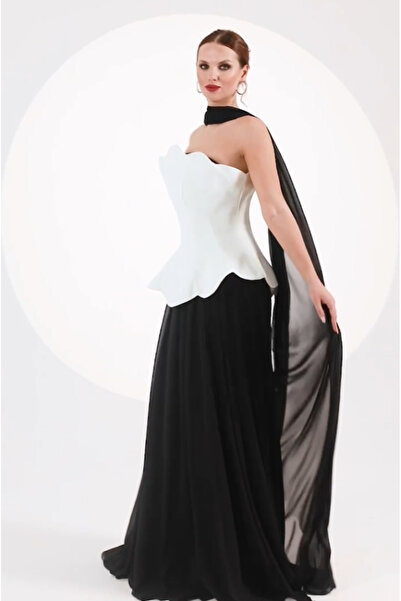 MOONDRESS KADIN ABİYE KORSAJ DETAYLI ŞIK STRAPLEZ YAKA UZUN ELBİSE
