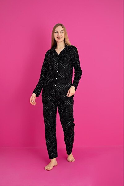 aytenli Polo Neck Front Buttoned Lightweight Flowy Top Elastic Waist Sized Patterned Thin Suede Pajama Set
