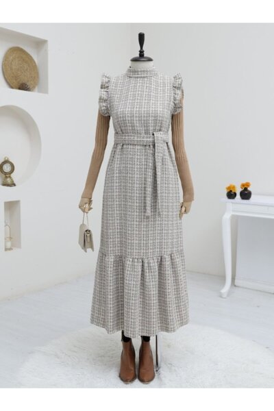 Genel Markalar Kolları Fırfırlı Kemerli Tuvit Jile -Vizon