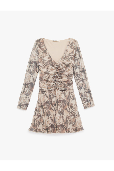 Koton Μίνι φόρεμα με λουλούδια με μακρύ μανίκι με λαιμόκοψη σε σχήμα Α