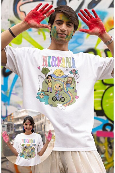 Fuddy Moda تي شيرت مطبوع عليه رسوم متحركة نيرفانا للجنسين، تي شيرت كبير الحجم بطابع فرقة الروك