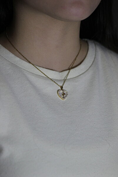 NO BRAND Kadın Altın Renk Kalpli Allah Yazılı Çelik Kolye