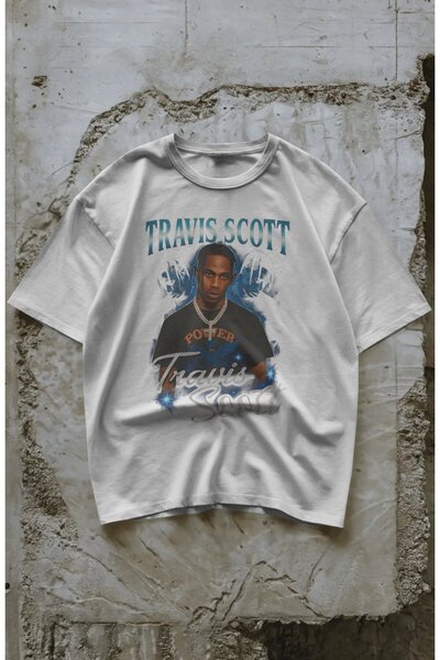 Fuddy Moda تي شيرت مطبوع للجنسين من Power Travis Scott، تي شيرت كبير الحجم ذو طابع راب برقبة دائرية