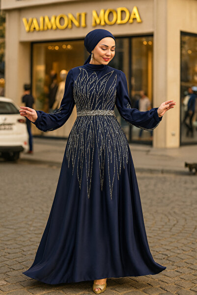 VAIMONI MODA Saten Taş Detaylı Uzun Tesettür Abiye (NİŞAN-DÜĞÜN)