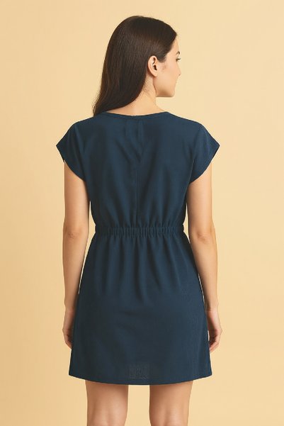 Fantezia Night Women's Navy Blue V-Neck Mini Beach Dress with Slits on the Sides and Buckles