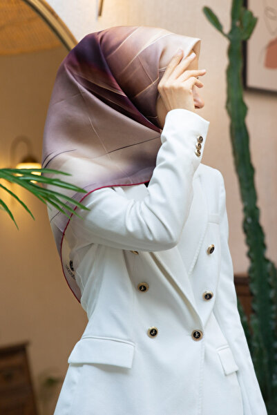 Vissona %100 Twill İpek Duman Desenli Hardal - Bordo Renkli 90x90 Eşarp Dikim...