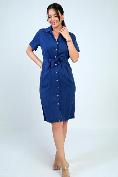 By Saygı Kadın Ön Bağlamalı Cepli Önü Düğmeli Astarlı Kısa Lyocell Elbise