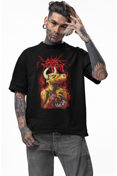 Fuddy Moda Tricou unisex cu imprimeu Cattle Decapitation, tricou oversize cu tematică de muzică death metal