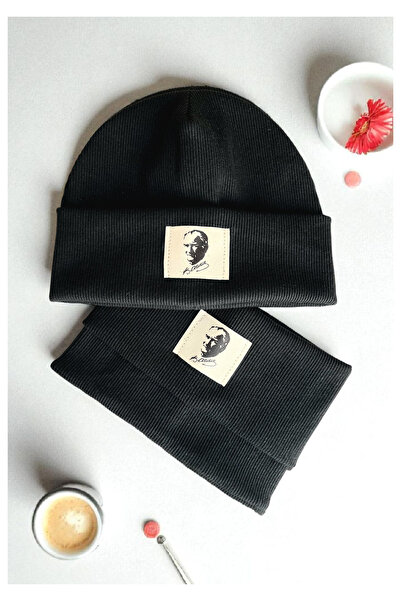 Mustran Ataturk Signed Cotton Label Handcrafted Unisex Cotton Ribbed Beanie Neck Collar Set of 2
