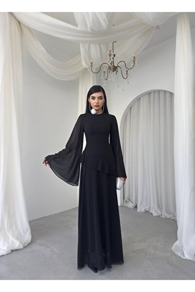 ETİKAFASHION Şifon Tasarım Kol Kadın Uzun Elbise