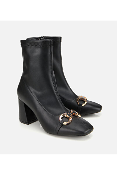 Hotiç Kadın Siyah Tokalı Streç Fermuarlı Yüksek Topuklu Bot