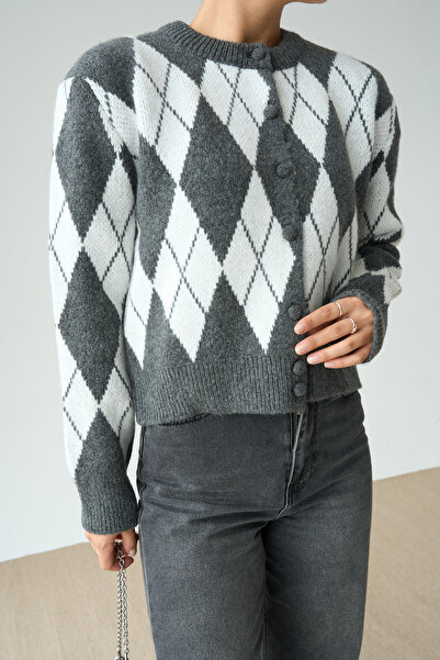 Lupies Women's Crew Neck Diamond Pattern Knitwear Cardigan