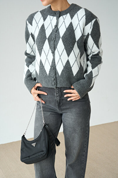 Lupies Women's Crew Neck Diamond Pattern Knitwear Cardigan