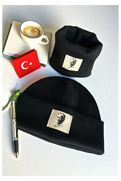 Mustran Ataturk Signed Cotton Label Handcrafted Unisex Cotton Ribbed Beanie Neck Collar Set of 2
