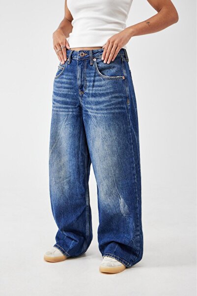 september island Baggy Boyfriend Shalwar Jeans with Bleach Effect, Blue Vintage Distressed Detail