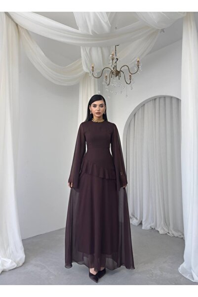 zoezoe Şifon Tasarım Kol Kadın Uzun Elbise