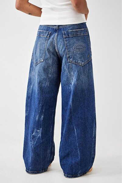 september island Baggy Boyfriend Shalwar Jeans with Bleach Effect, Blue Vintage Distressed Detail