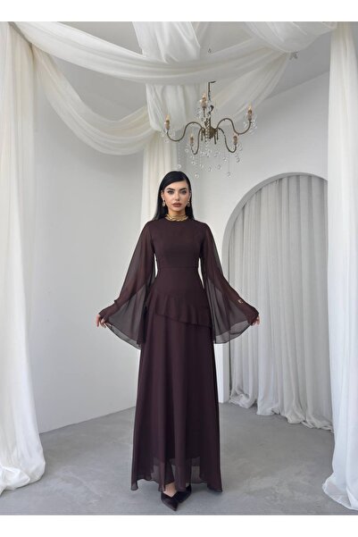 zoezoe Şifon Tasarım Kol Kadın Uzun Elbise