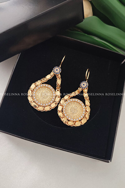 ROSELİNNA Çeyrekli Küpe, Altın Çerçeveli Küpe, Arpa Zincirli Küpe, Altın Kapl...