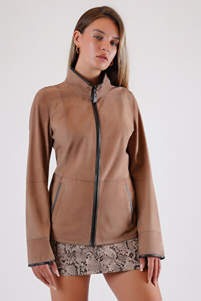 Leather Club Bej Siyah Çift Taraflı Hakiki Süet Deri Ceket