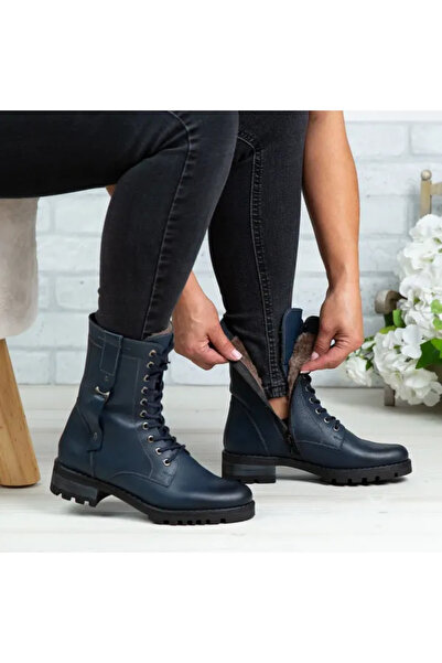 Piello Ghete îmblănite damă, din piele naturală, cu șiret, Bleumarin