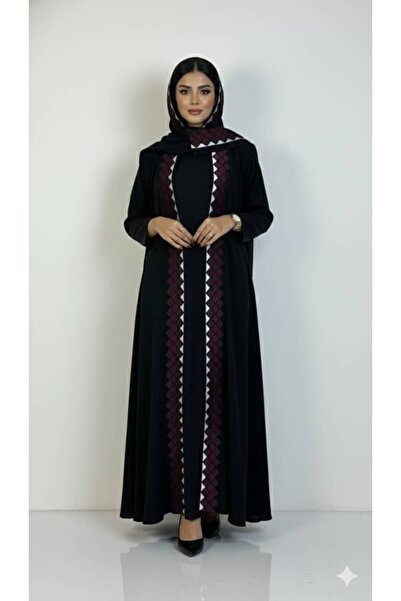 REİNA عباية كريب إنترنت كوري سوداء مطرزة بالخيوط مع أكمام استرتش مع طرحة