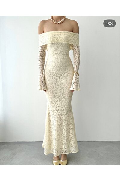 Starmount Butik Krem Uzun Kol Maksi Boy Dantel Motifli Kadın Elbise
