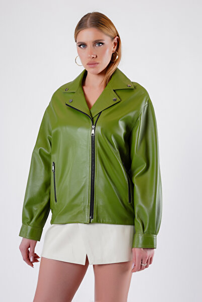 Leather Club Koyu Yeşil Oversize Hakiki Deri Ceket